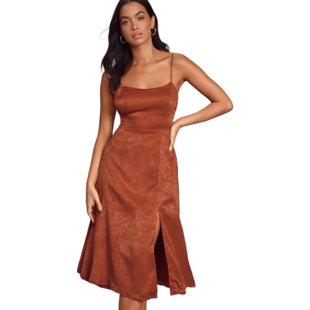 New Lulu's Marabel Rust Orange Satin Backless Midi Dress